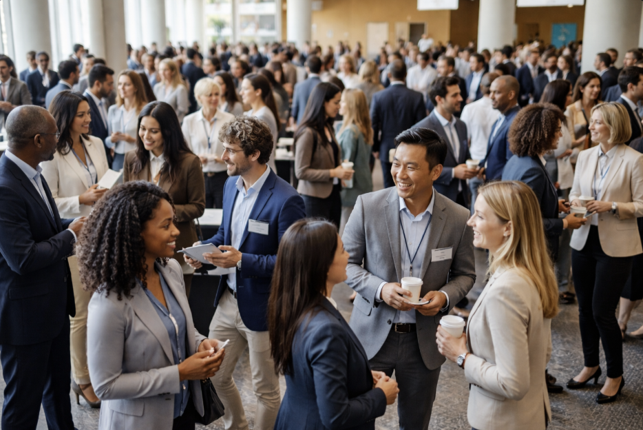 A standing crowd in lively small-group conversations at a conference networking experience